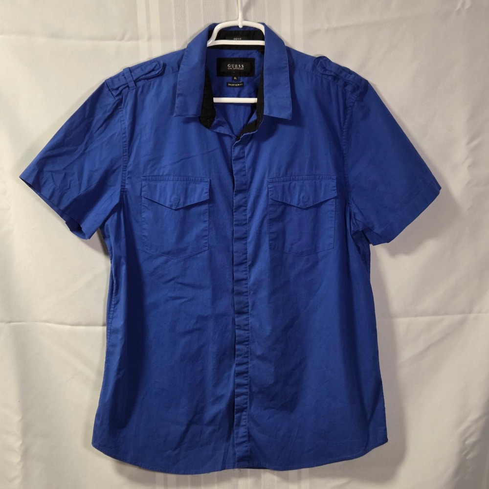 Guess Shirt Mens XL Blue Dean Smart Slim Fit Short Sleeve Epaulettes M31H34W25V0